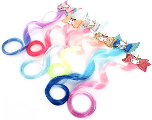 6-Colors Unicorn Hair Bows Clips Hair Accessories For Girls Kids Glitter Braided Curly Gradient Color Wig Hair Extensions（6PCS) - Image 2
