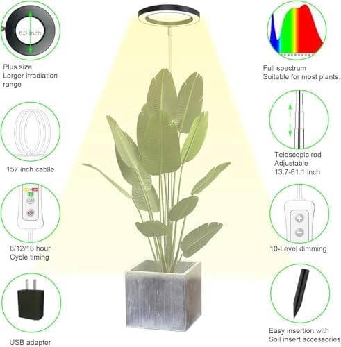 Plant Grow Light, LED Growing Light Full Spectrum for Indoor Plants, Paired with a Soil Tester,Height Adjustable, Automatic Timer, 5V Low Safe Voltage,Idea for Large Plant Light - Image 3