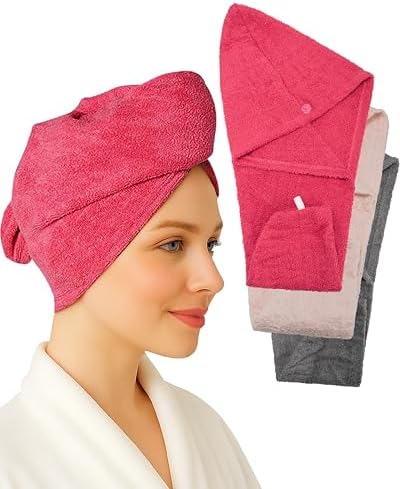 Textila 100% Cotton Hair Wrap Towels for Women, (Pack of 3 - Raspberry, Pink & Grey) Head Towel Cap, Cotton Hair Turban Towel Wrap for Long Curly Anti Frizz Hair, Soft and Absorbent Cotton Hair Towels by TEXTILA
