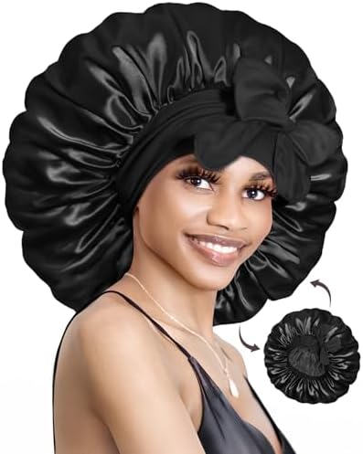 BONNET QUEEN Silk Bonnet for Sleeping Satin Bonnet Hair Bonnet Braid Bonnet Double Layer Tie Bonnet Night Hair Wrap for Women Curly Hair Black by BonnetQueen