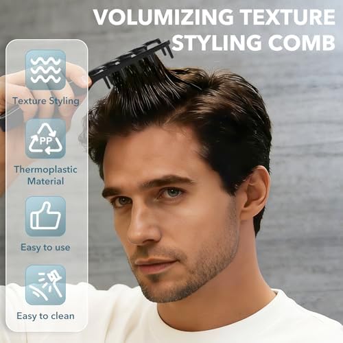Texture Comb,Volumizing Fluffy Texture Styling Comb,Men’s Voluminous Wide-Toothed Hair Comb,Wide-Tooth Texturizing Styling Tool for Volume & Fringe Parting,Textured Grip Tool for Men (Black) - Image 5