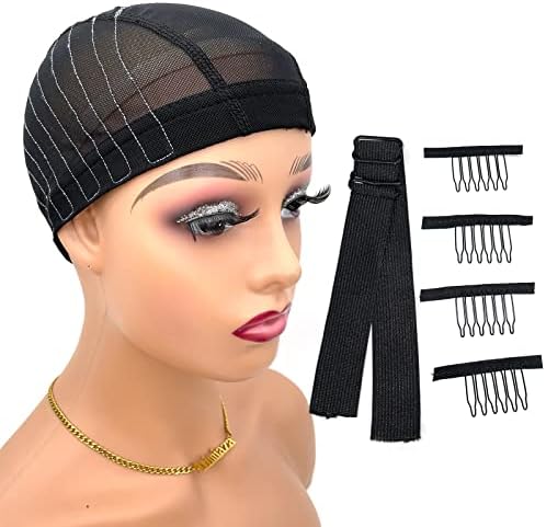 Wig Cap with Guideline Map for Wig Making, Stretchable Mesh Dome Caps with 1 Elastic Band and 4 Wig Combs for Beginners Sewing Wig (Large: 23"-24", 4 * 4 Closure) by Atimiaza