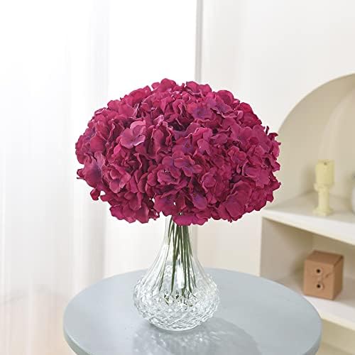 Silk Hydrangea Heads with Stems Artificial Flowers Heads for Home Wedding Decor,Pack of 10 (Fuschia) - Image 6