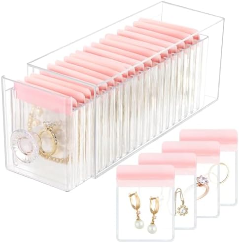 HOMEHIVE Clear Acrylic Jewelry Organizer Box with 20 Portable Pouches, Jewelry Storage Case for Women Girls, Tangle-Free, Anti-Tarnish, Compact Storage for Necklaces/Earrings/Rings, Upgraded Pink by HOMEHIVE