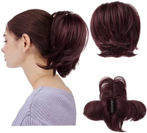 HOOJIH Messy Bun Hair Piece, Claw Clip in Straight Hair Bun 9 Inch Short Ponytail Extension with Bendable Metal Wire Hair Pieces for Women Fake Hair Bun DIY Styles - Wine Red by HOOJIH