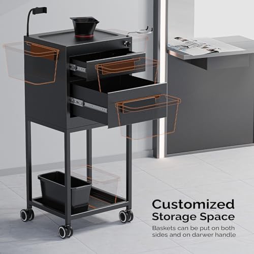 OmySalon Salon Trolley Cart for Hair Stylist, Metal Salon Station with Lockable Drawers, 2 Magnetic Bowls & 2 Storage Baskets, Beauty Barber & Tattoo Cart, Black - Image 3