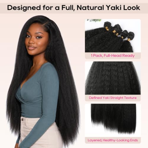 REECHO Yaki Straight Hair Bundles, 6PCS Super Protein Fiber Kinky Straight Quick Weave Bundles 20 22 24 Inch Full Head Synthetic Hair Extensions for Women - Black Brown - Image 6