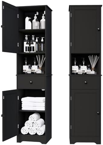 Viaozutis Tall Bathroom Cabinet, Storage Cabinet with 2 Doors & 2Drawer, with Ajustable Shelve, for Bathrooms, Kitchens,Entrances（Black） by Viaozutis