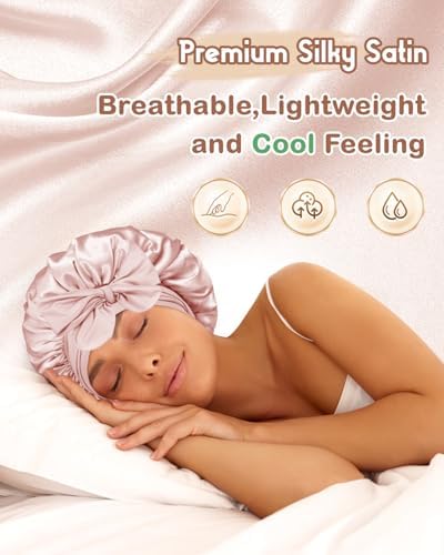 BONNET QUEEN Small Double Layer Silk Bonnet for Sleeping for Women Satin Lined Bonnet Night Cap for Short Thin Hair with Tie Band, Cream Pink - Image 2