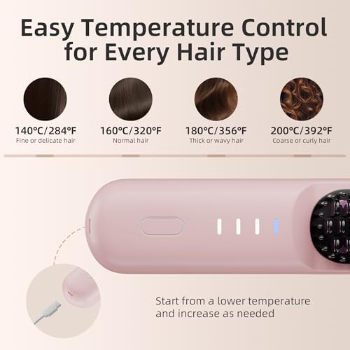Cordless Hair Straightener Brush Portable Wireless Ceramic Hot Brush for Women USB-C Rechargeable Travel Straightener Negative Ion Anti-Frizz Fast Heating 4 Temperature Settings Auto Shut-Off (Pink) - Image 4