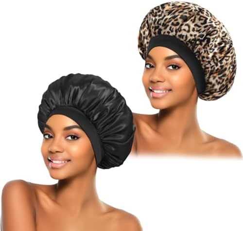 ZHENSILK 2Pcs Satin Bonnet for Sleeping, Silk Hair Bonnets, Soft Elastic Band Silk Sleep Cap, Hair Wrap for Women(Black Leopard) by ZHENSILKFocusonhaircare