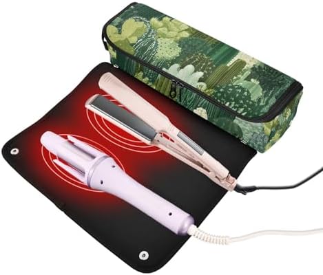 Hair Tools Travel Bag with Heat Resistant Mat 2-in-1 Hot Tools Travel Bag Organizer Flat Curling Iron Travel Case for Straightener Green Cacti Plants - Image 2