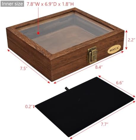 MOOCA Tempered-Glass Top 2 pieces Set Small Wooden Jewelry Display Case with Removable Black Luxurious Velvet Jewelry Display Pad, Deeper 2.2" Design for Collectibles, Brown Color. - Image 3
