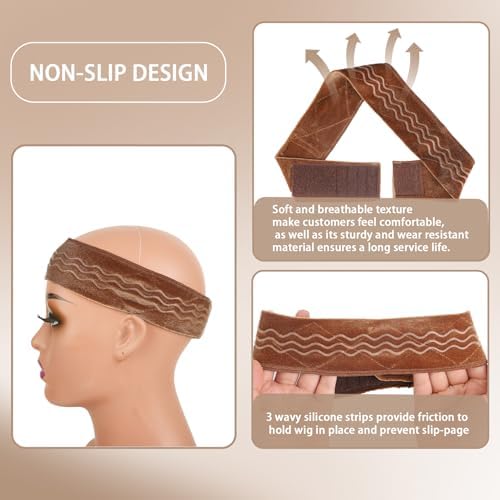 Wig Grip Band Flexible Velvet Scarf Headband Wig Comfort Non-Slip Adjustable Fasten Wig Bands with Wavy Silicone (Tan) - Image 5