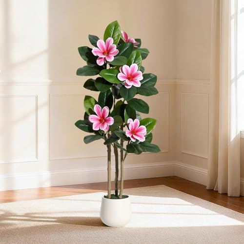 4FT Artificial Fiddle Leaf Fig Tree with Magnolia Flowers, Faux Rubber Tree Floor Plant in White Planter, Realistic Fake Tree for Indoor Home Office Living Room Entryway Decor by IDEALHOUSE