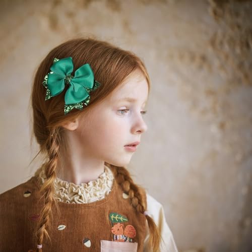Girls Christmas Dark Green Hair Bow Clips 2 Pcs 3.5" Glitter Leather Ribbon Dress Bow Alligator Barrettes for Toddler Teens Kids Women Xmas Easter Holiday Party Costume Accessory Gift - Image 3