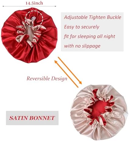 Silk Bonnet for Sleeping Satin Bonnets Double Layer Reversible Hair Cap Bonnet for Women Long Curly Braid Hair (Red) - Image 2