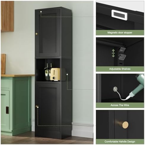 Bevivog Metal Bathroom Storage Cabinet Freestanding, 67" Tall Narrow Pantry Cabinet with Shelves for Kitchen, Skinny Metal Pantry with Hutch, 16" Wide Slim Cabinet for Small Spaces - Image 4