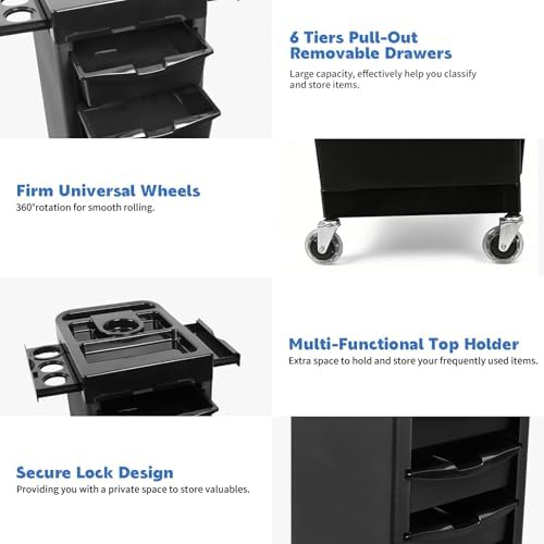 EBANKU Salon Beauty Rolling Trolley Cart Black Hair Salon Storage - Image 3
