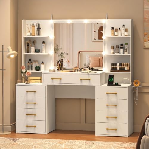 jiteentarou Vanity Desk with Mirror and Lights, 55" Extra Large Makeup Vanity with 9 Drawers, Makeup Table with Charging Station and Hairdryer Holder, Modern Dressing Table for Bedroom, White - Image 3