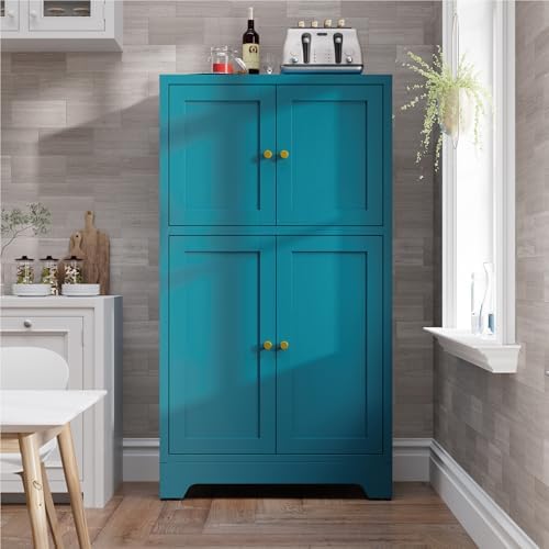 Bevivog Bathroom Floor Storage Cabinet,Metal Accent Cabinets with 4 Doors and 2 Adjustable Shelves,Blue Storage Locker Cabinets Organizer for Pantry Kitchen,Living Room,Hallway, Restroom - Image 2