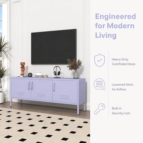 Purple Media TV Stand with Lock, 3 Door Metal Accent Cabinet with Adjustable Shelves, Steel Storage Sideboard for Living Room Bedroom Entrancy 22" H X 47.3" W X 13.8" D - Image 4