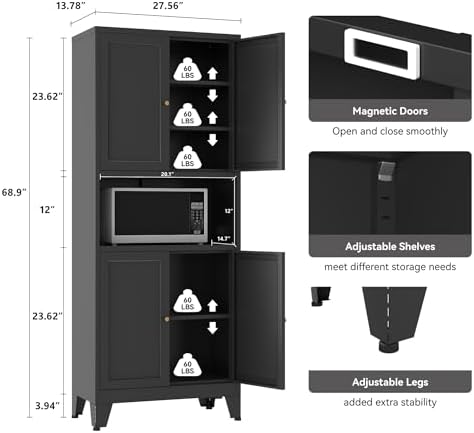 YAUWOH 69" Tall Metal Pantry Cabinet with Microwave Shelf, 4 Doors & 3 Adjustable Shelves, 120LBS Per Shelf Heavy Duty Storage Cabinet with Anti-Tip Design for Kitchen,Dining Room (1PC,Black) - Image 3