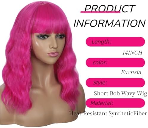 Sebast Pastel Bob Wigs with Bangs for Women Loose Wavy Wig Pastel Wavy Shoulder Length Bob Synthetic Cosplay Wig for Girl Colorful Costume Wigs (Pink) (Fuchsia) - Image 2