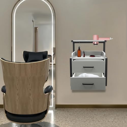 Bepritm Suspended Salon Station, Wall Mounted Salon Cabinet with 2 Drawers & Hair Dryer Stand, Wall Mounted Salon Storage Cabinet for Hair Salon, Bathroom, Bedroom (Black+Gray) - Image 7