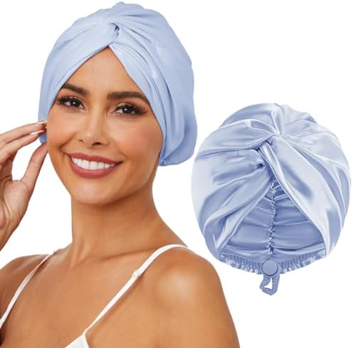 HFRHTGY Adjustable Silk Satin Hair Bonnet for Sleeping, Double Layer Hair Wrap Sleep Cap Turban for Women Men, Curly Straight Braid Unisex (Misty Sky Blue 88) by HFRHTGY