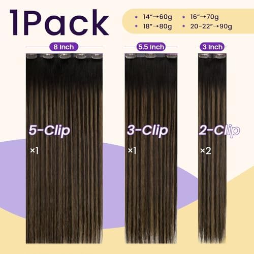 LaaVoo Seamless Clip in Hair Extensions Balayage Brown to Ash Brown Highlights Seamless Hair Extensions Clip in Balayage Clip on Hair Extension 20 Inch 4pcs 100g - Image 4