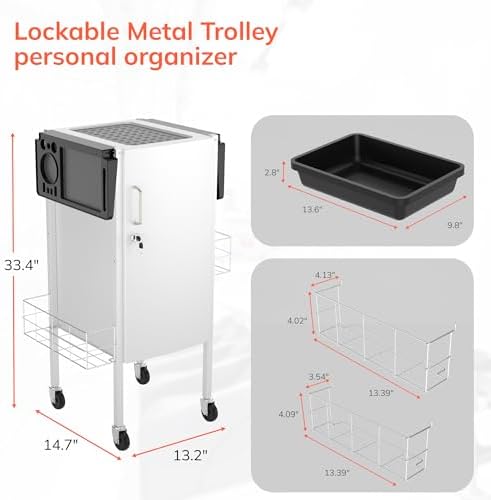 TASALON Upgraded Lockable 5-Tray Salon Cart with 2 Holders & Baskets, White - Image 2