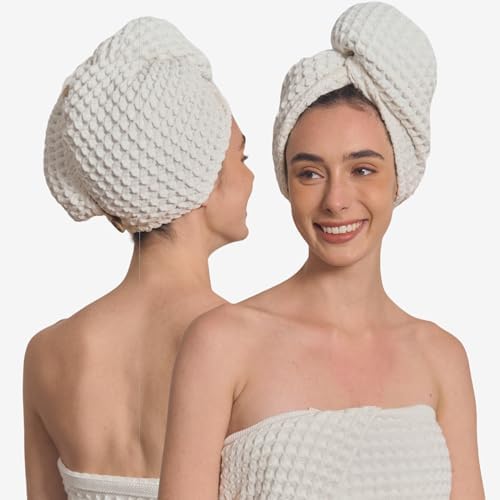 Luxury Organic Japanese Cotton Hair Drying Waffle Towel Wrap for Women | Absorbent, Quick-Dry Head Turban for Shower, Sauna, Spa | Extra Large for Long, Curly, Straight Hair With Button (White, 1 Pc) by KOSMU