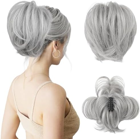 HOOJIH Messy Bun Hair Piece, Claw Clip in Straight Hair Bun 9 Inch Short Ponytail Extension with Bendable Metal Wire Hair Pieces for Women Fake Hair Bun DIY Styles - Silver Gray With Brown mixed by HOOJIH