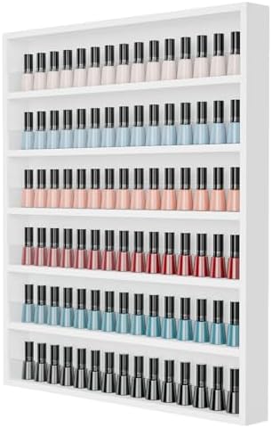 OmySalon Nail Polish Organizer Wall Mount - Holds 120+ Bottles with Acrylic Barrier, Salon Display Rack for Home Spa & Nail Studio - Assembly Required, Wooden Polish Storage (White, 6-Tier) by OmySalon