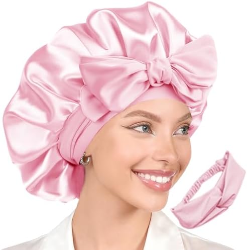 2Pcs Womens Silk Satin Bonnet For Sleeping Hair Bonnets Adjustable Soft Band Silky Sleep Cap Hairs Wrap For Women by WJingYiJia