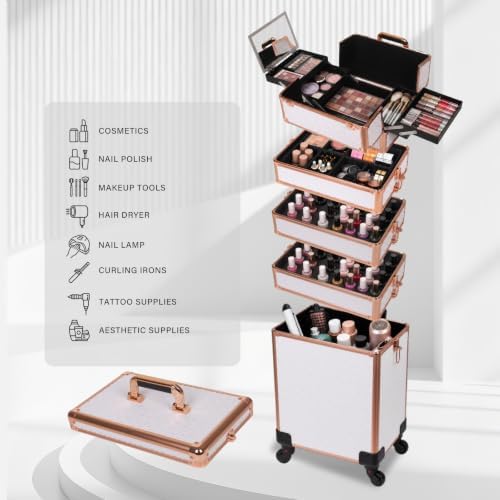 Rolling Makeup Train Case, 6 in 1, White - Image 2