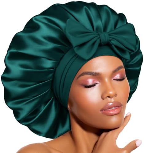 Bonnet Queen Silk Bonnet for Sleeping Large Bonent Satin Bonnet Hair Bonnet Satin Cap Night Sleep Bonnet for Braids Bonnet with Tie Band fort Women Curly Green by BonnetQueen