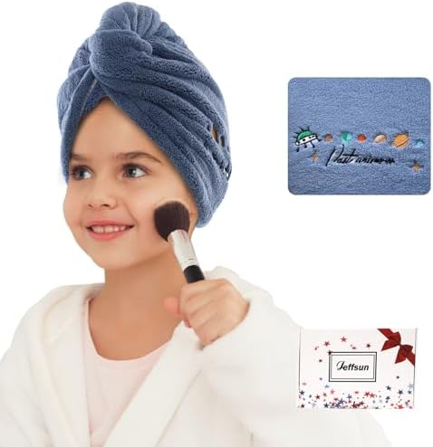 Microfiber Hair Drying Towel for Women Girls w/ Embroidered Spaceship,Blue by Jeffsun