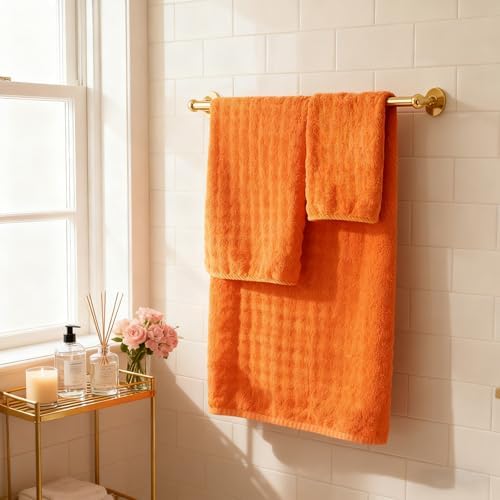 COZYART Lint Free 8 Pcs Bathroom Towels Set Ultra Soft Microfiber Orange - Image 3