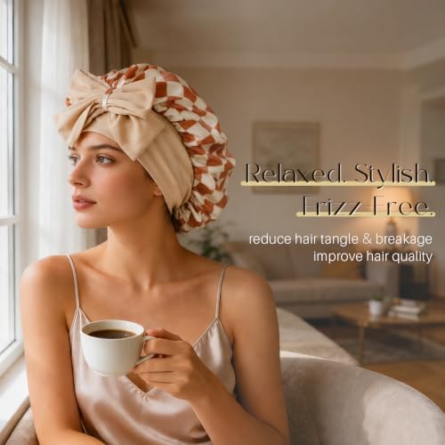 ZIMASILK 100% Mulberry Silk Bonnet for Sleeping Women Long Hair, Checkered - Image 3