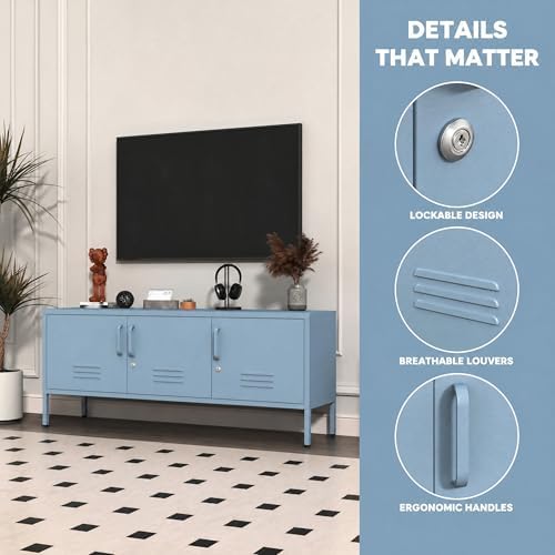 Blue Industrial Metal TV Stand with Lockable Storage Cabinet, Wide 3-Door Media Console, Adjustable Shelves, Multipurpose Accent Cabinet for Living Room Bedroom Home Office - Image 4