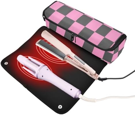 Checkerboard Plaid Black Hair Tools Travel Bag Travel Organizer Pouch Portable Carrying Case with Heat Resistant Mat for Flat Irons Curling Iron Hair Dryer - Image 2