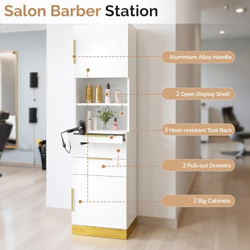 OmySalon Salon Stations for Hair Stylist, Barber Station with 3 Drawers & 2 Storage Cabinet & Hair Dryer Holders, Modern Beauty Salon Spa Equipment for Barbershop, White Gold - Image 4