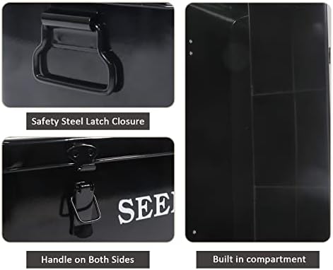Seed Saving Box, Metal Seed Bin, Seed Storage Organizer, Seed Packet Container with Lid, Seed Envelope Storage Box, 4 Compartments Garden Seed Bin with Safety Locks-Black - Image 2