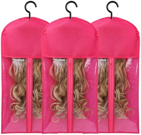 3PCS Wig Storage Bags With Hanger Hair Extension Holder Wig Holder for Multiple Wigs Bags Storage with Hanger Wig Hanger Rack for Multiple Wigs Hair Extensions, Wigs & Accessories(HOT PINK) by AIHOPESTO