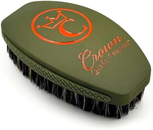 360 Wave Brush, Curved MEDIUM Mixed Boar Bristle, OLIVE, Waterproof by CrownQualityProducts