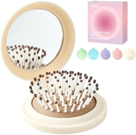 RHOS Compact Foldable Hair Brush with Mirror for Women, Men & Kids - Small Pocket & Portable Travel Brush (Beige) by RHOS
