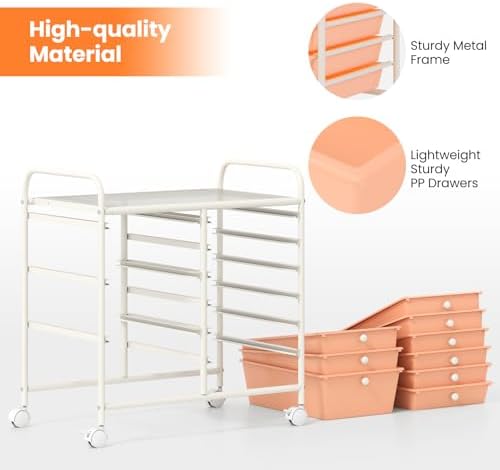 Giantex 9 Drawers Rolling Cart, Classroom Organizers, Storage Cart with Wheels, for Teacher Office Home School Supplies Tool Craft Art Paper, Peach Fuzz - Image 7
