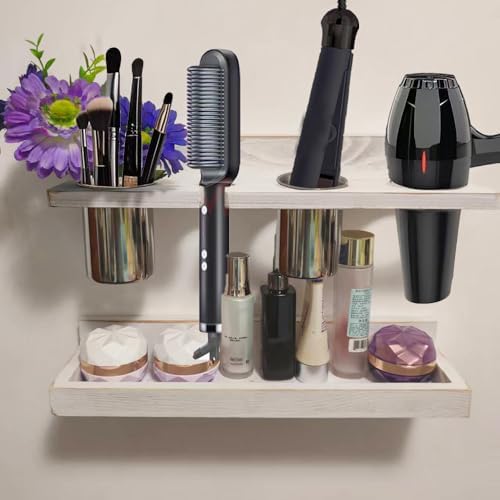 Wall-Mounted Hair Tool Organizer with Heat Resistance - Set of 2 Layer Rustic Blow Dryer Holder (White) - Image 6